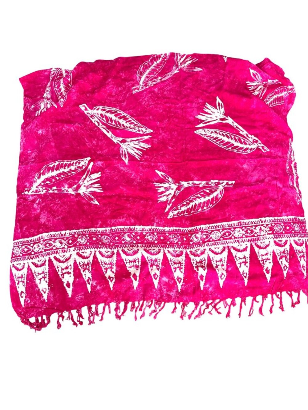 Boho Feather Print Pink White Batik Tie Dye Stone Wash Beach Sarong Fringe